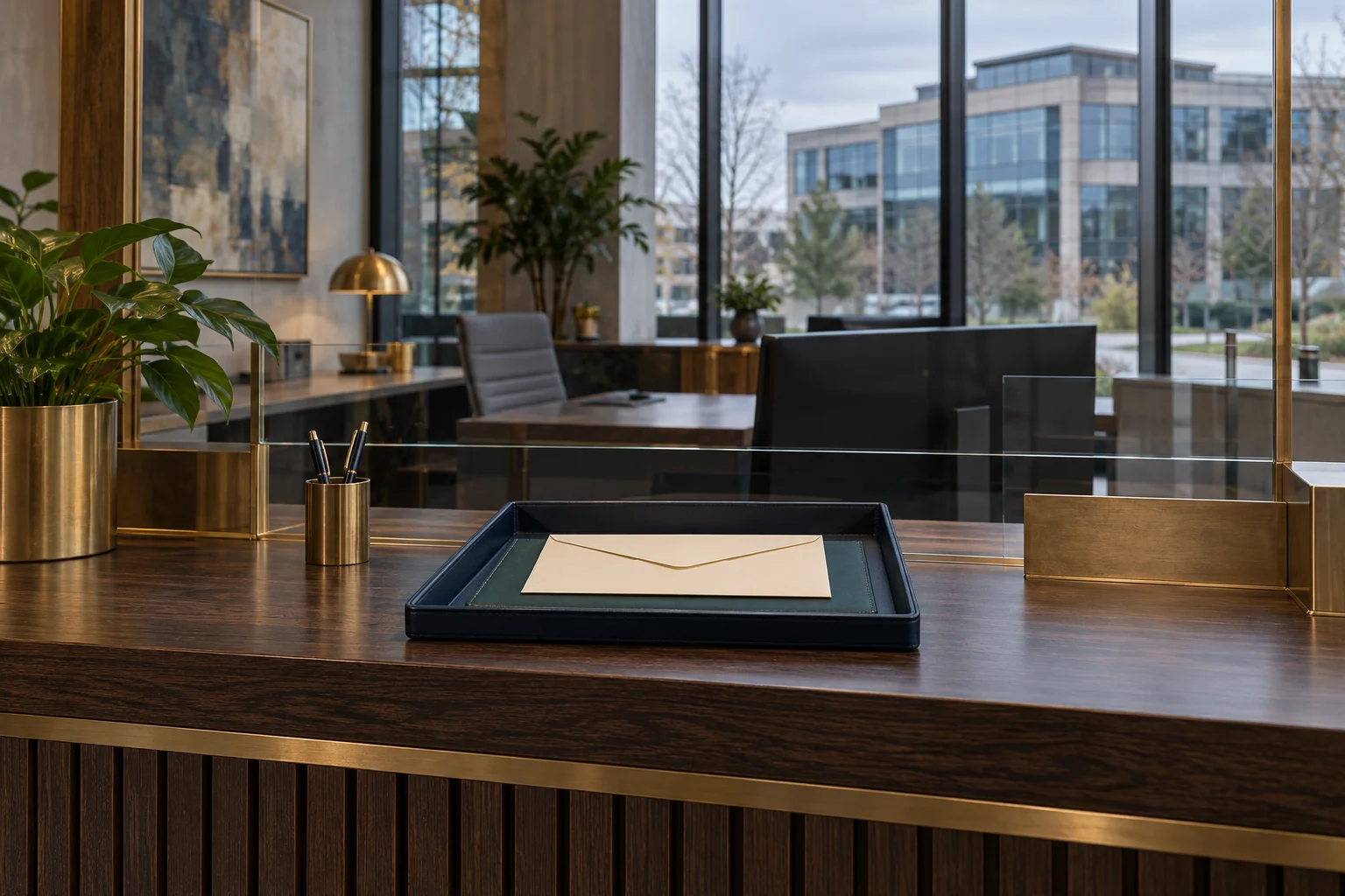 Blank request documents at a service counter with an office building beyond