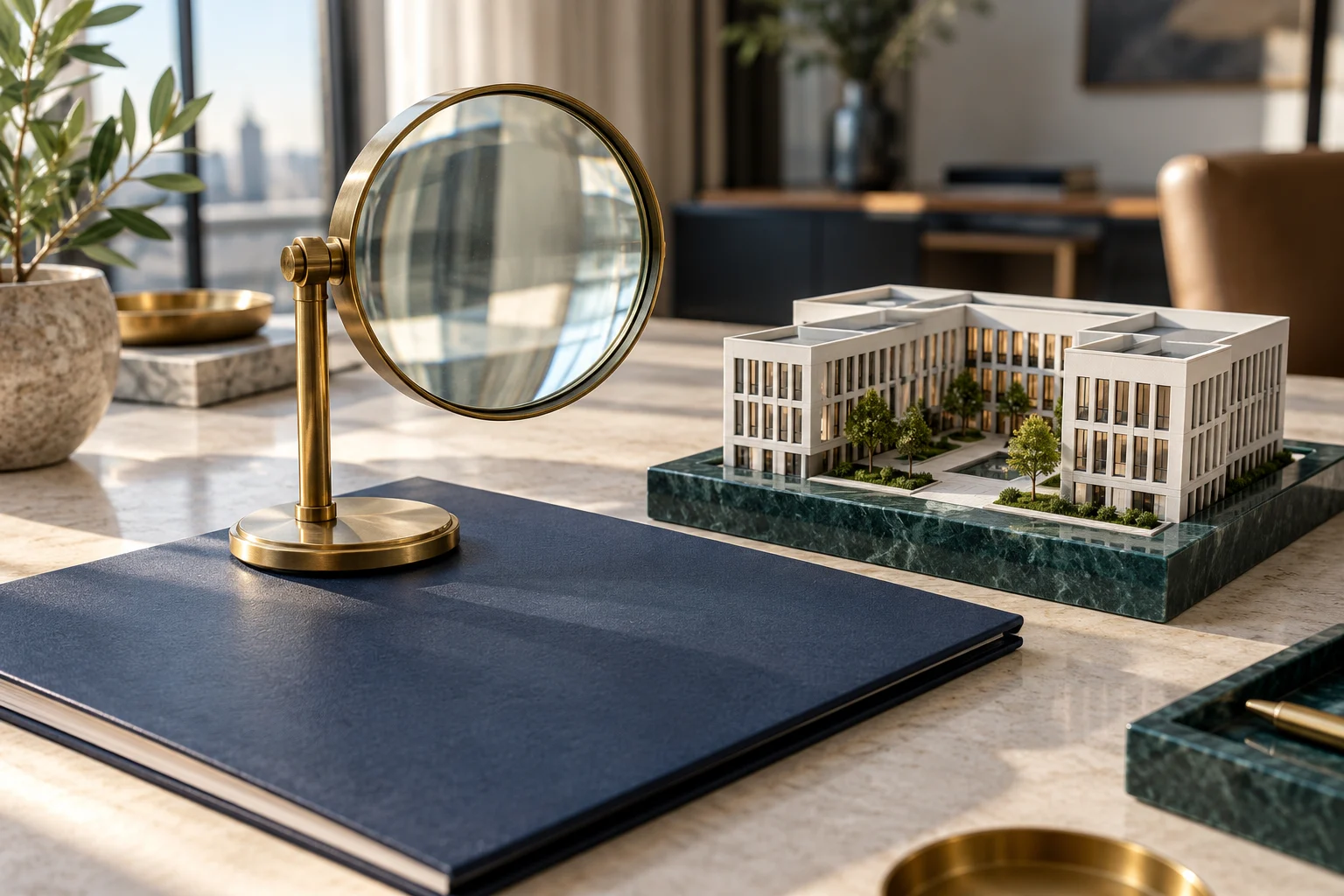 Magnifier over a blank folder beside a distinctive property model
